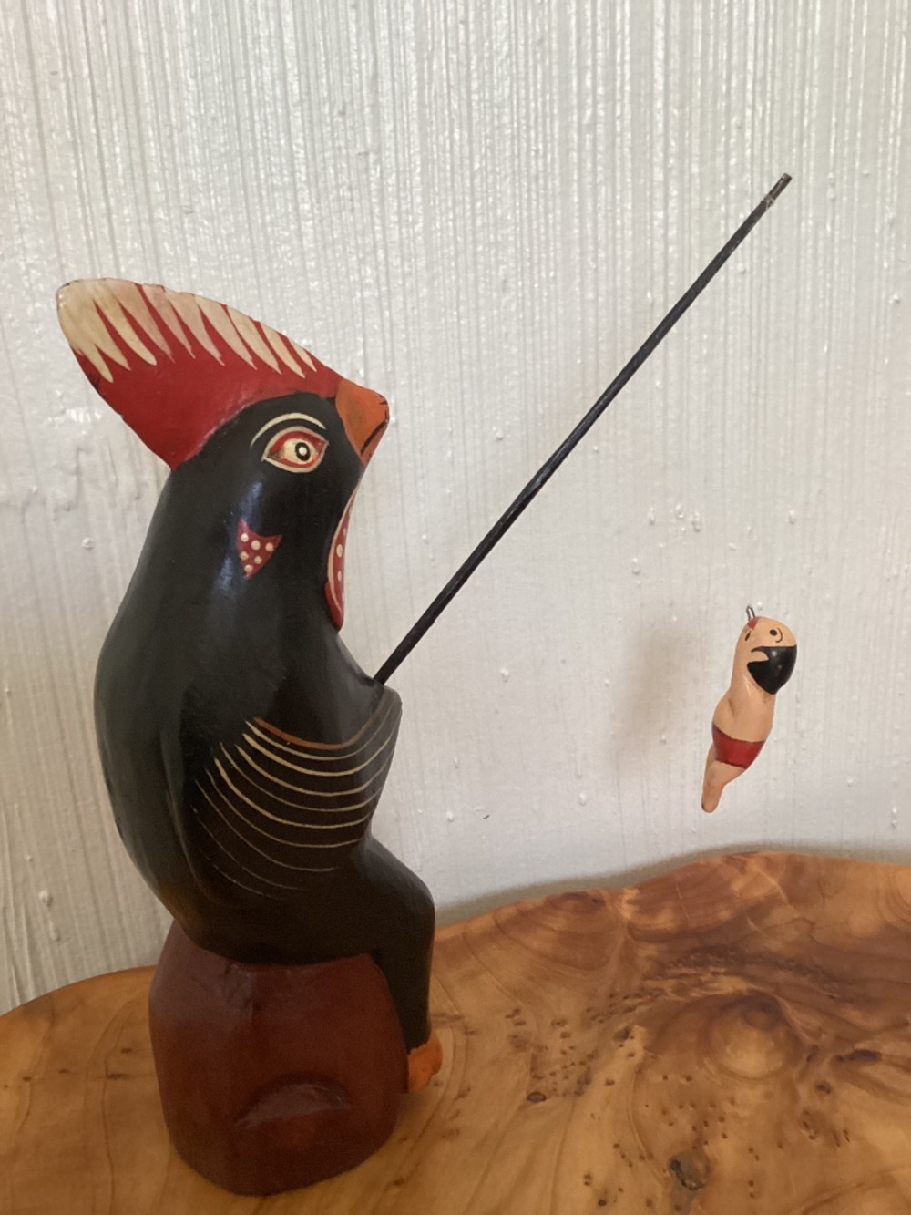 Comical Wood Rooster Carving Made in Indonesia Fishing Man Handmade Painted Art